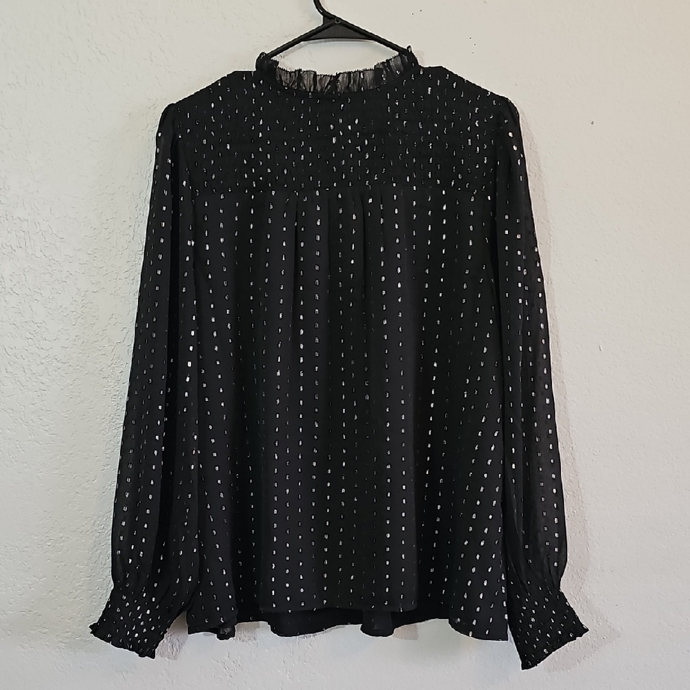 Old Navy Sheer Blouse with Silver Dots and Smocking, Lined, Womens Large - Picture 8 of 9